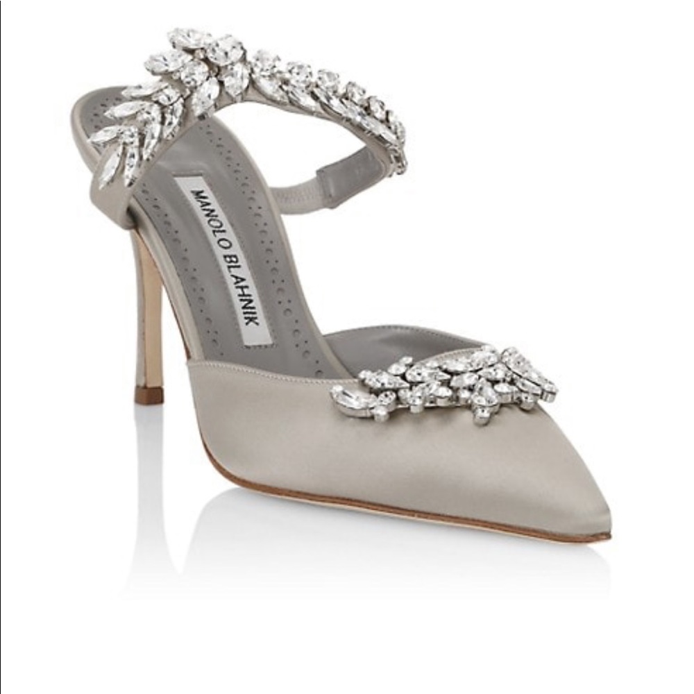 Manolo Blahnik Lurum Embellished Gray Mules